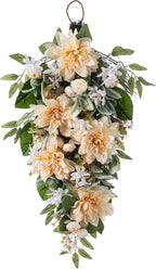 Glitzhome Peach Dahlia Floral Teardrop Swag 28" Artificial Spring Teardrop Swag Wreath for Front Door Porch Wall Window Decor