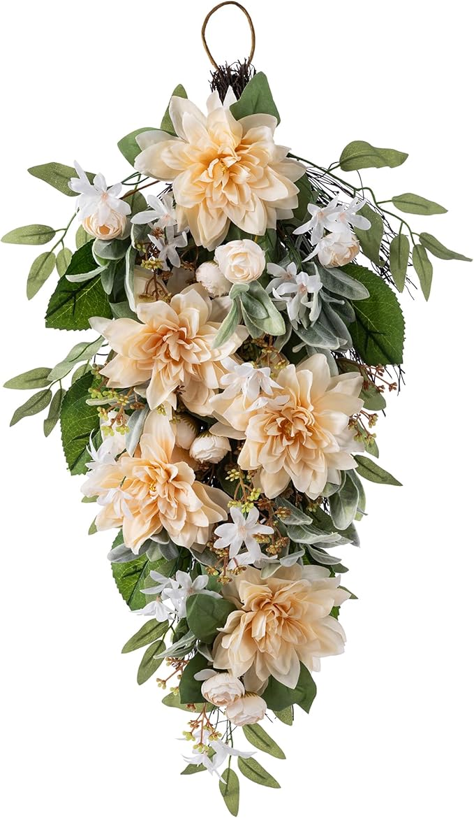Glitzhome Peach Dahlia Floral Teardrop Swag 28" Artificial Spring Teardrop Swag Wreath for Front Door Porch Wall Window Decor