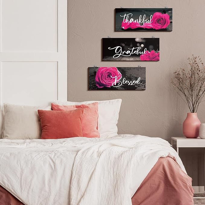 Hillban 3 Pieces Rose Wooden Wall Decor Rose Bathroom Decor Thankful Grateful Blessed Accessories Inspirational Wall Art Signs for Living Room Kitchen Wedding(10 x 4 Inch,Dark Pink)