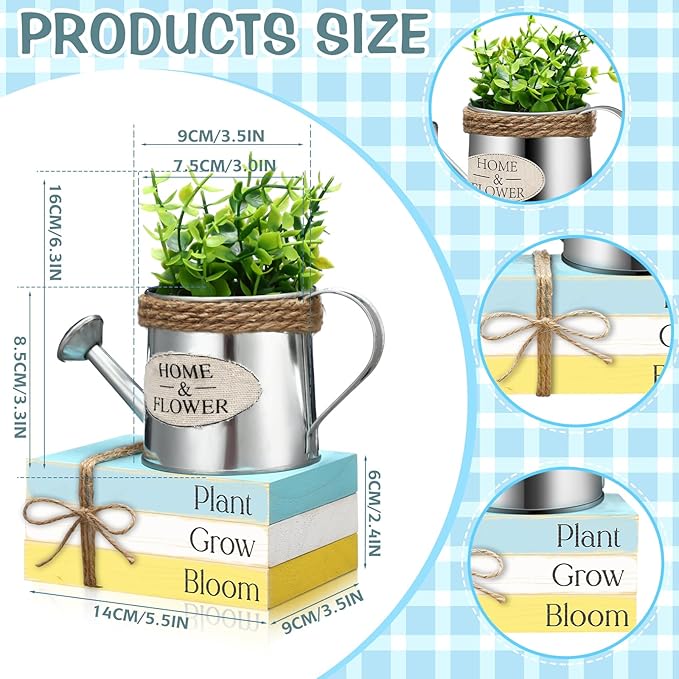 Wesiti 4 Pcs Spring Table Centerpieces Decorations Farmhouse Tiered Tray Decor Kettle Eucalyptus Fake Book Stack Decor Spring Decoration for Home Wooden Block Sign for Desk Tabletop Shelf Indoor