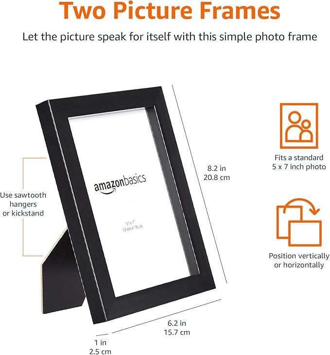 Amazon Basics Rectangular Photo Picture Frame, 5" x 7", Pack of 2, Black