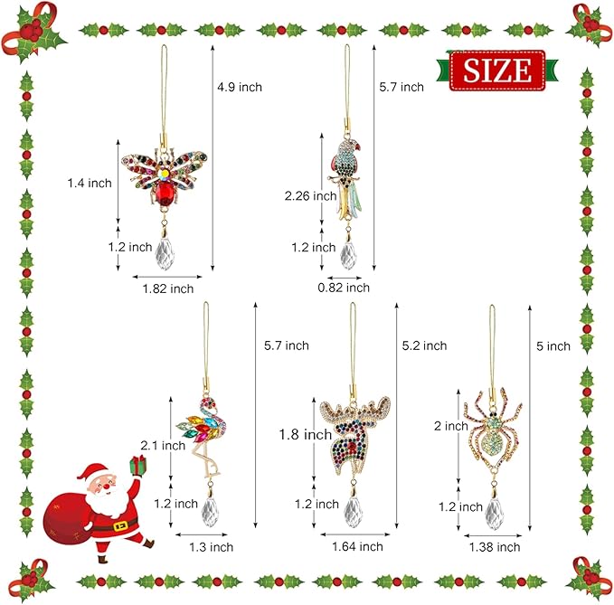 5Pcs Hanging Ornaments for Christmas Tree Mix Color Christmas Decor Metal Animal Pendant Xmas Wedding Party Gifts Crystal Suncatchers Indoor Home Decor