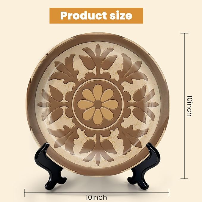 HABEN ARTWORK 10" Ceramic Plates for Display Geometric Floral Brown Tan Tones Decorative Tile Decorative Plate with Stand and Hook for Kitchen Dining Room Wall Hanging Decor
