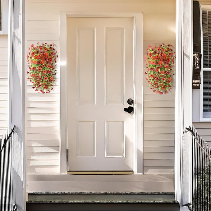 Homsunny Artificial Fake Hanging Plants Flowers Baskets for Outdoor Outside Spring Decor,Faux Silk Daisy UV Resistant Look Real Summer Decorations for Home Porch Patio Yard Garden(Red Brown)