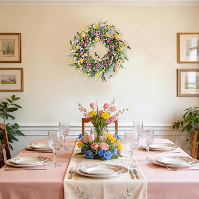 22" Spring Summer Wreath for Front Door - Colorful Wildflower Wreath with Lavender & Forsythia, Everyday Floral Wreaths for Front Door Outside, Spring Door Wreath for Indoor Home Decor