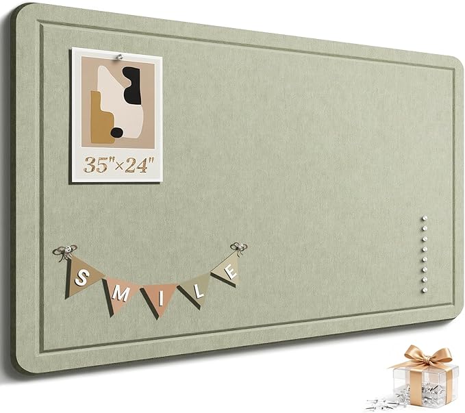Large Bulletin Board, 35 X 24 Inches Felt Cork Board with 40 Pushpins, Foldable Felt Notice Pin Board Photo Display Board with Self-Adhesive Tape for Office Home School (Sage, 35x24 inch)