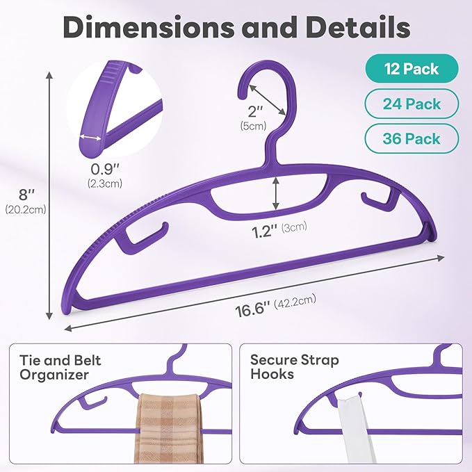 HOUSE DAY Plastic Clothes Hangers 12 Pack, Sweater Hangers No Shoulder Bump, Thick Heavy Duty Coat Hanger for Closet, Purple Wide Hanger with Non-Slip Hook for Sweaters, Suits, Dresses, Jackets, Pants