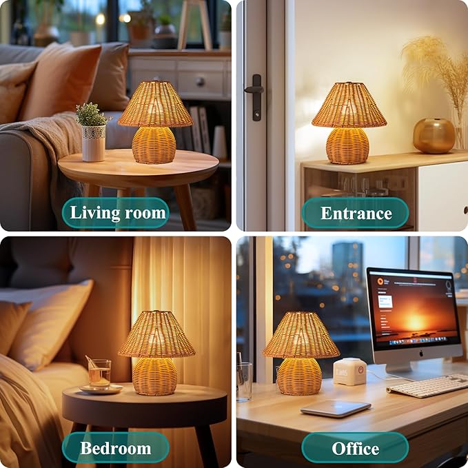 WERFOP Bamboo Table Lamp Handmade Boho Rattan Bedside Lamp,3 Colors Adjustable Vintage Wicker Wooden Nightstand Lamp with E26 Bulb for Bedroom Living Room Desk Entrance