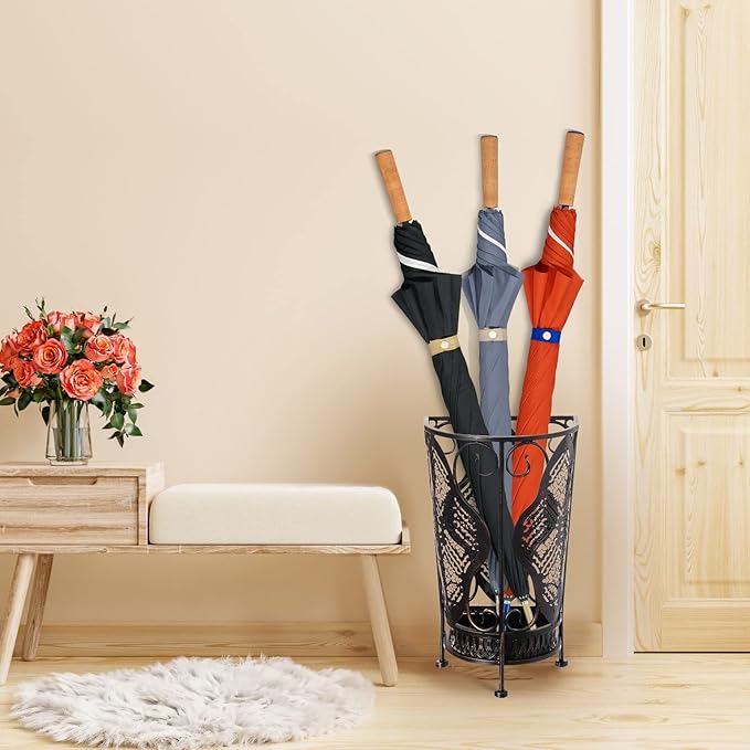 Dualplex Umbrella Holder Umbrella Stand Rack Super Quality Metal Entry Hallway Décor Removable Drip Tray for Home Office Holds Umbrellas Canes Walking Sticks Best Gift 16" Tall (Wallside, Antique)