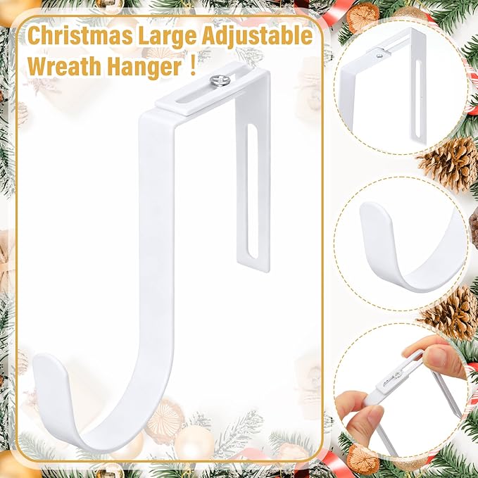 LEIFIDE 4 Pcs Width Adjustable Wreath Hanger for Front Door 1.5-3.78" Large Over the Door 4th of July Decoration Hook 20 Lbs Capacity(White)