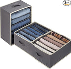 3 Pcs Large Size Wardrobe Clothes Organizers 6 Grids for Pants, Jeans, Sweater, T-shirt, Dress Stackable Closet Drawer Organizer Storage Bin Container with Sturdy Handles, Dark Grey