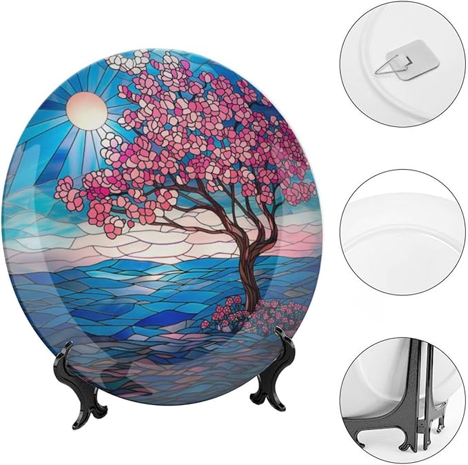 Stained Glass Theme Decorative Ceramic Plate Round Porcelain Plate,6 inch,Cherry Tree Pattern,for Decorative Ornaments Giving Plates, 1 Plate with 1 Display Stand,Blue Pink