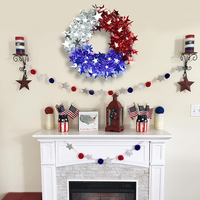TORONTOKYO 3 Pcs Patriotic Tinsel Wreath for Front Door 11.81 Inch Red White Blue Memorial Day Wreath with Stars 4th of July Decorations for Independence Day Wall Home Farmhouse