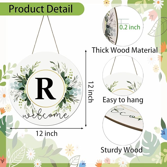 Monogram Letter R Wreaths for Front Door Wreath Wooden Welcome Sign for Front Door Decor Floral Family Last Name Initial House Warming Spring Summer Porch Rustic Wall Home Kitchen Boho Decorations