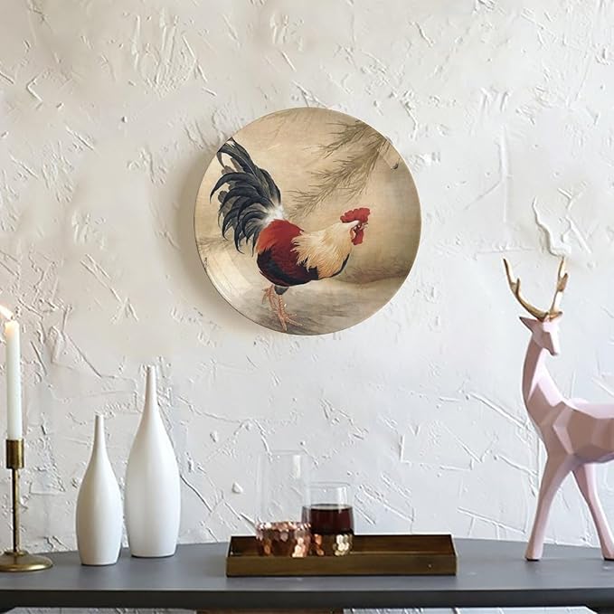 Rooster Decorative Plate Holder, 10 Inch, Rooster In The Reeds Round Display Plate, Table Top Plate Decor with Stand, for Home Kitchen Bedroom Decorative Ornaments