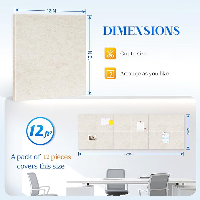 DOLLAR BOSS Large Cork Board for Wall 48" x 36" x 0.5" Bulletin Board 12 Packs Cork Board Tiles Self Adhesive Felt Wall Tiles with Pushpins, Corkboard for Office Pin Board Tack Board, Beige