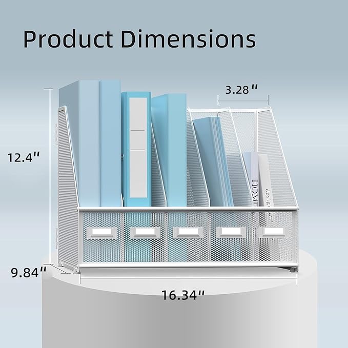 SUPEASY Desk Organizers Metal Desk Magazine File Holder with 5 Vertical Compartments Rack File Organizer for Office Desktop, Home Workspace, White (Pack of 2)