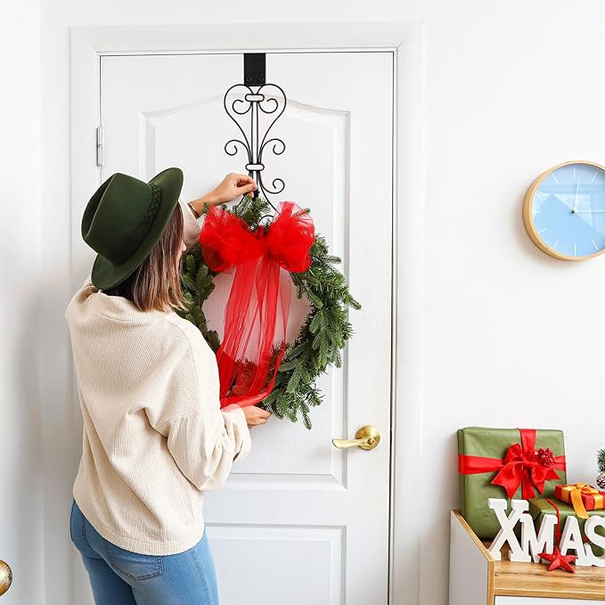 Kathfly 2 Pack 17 Inch Wreath Door Hanger Front Door Metal Bow Hanging Hook Adjustable Hook Length for Garden Spring Wreath Porch Decor Christmas Valentine's Day Decorations(Black)