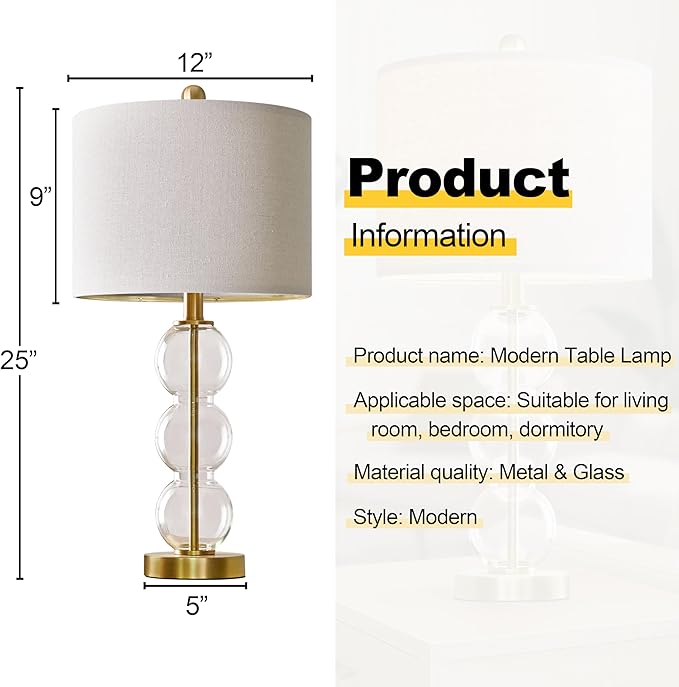 Oneach 25" Glass Table Lamps Set of 2, Gold Modern Table Lamps with USB Ports for Living Room, Linen Shade Bedside Lamps for Bedroom, Nightstand, Side Table (Bulbs not Included)