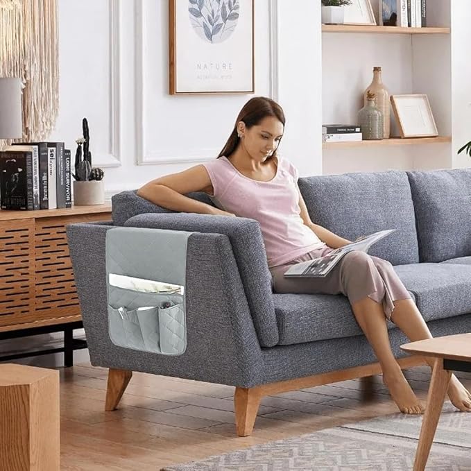 RETON Sofa Armrest Organizer with 5 Pockets, Non Slip Remote Control Caddy with 8 Pieces of Hook and Loop Fasteners, Armchair Caddy Holder Storage for Magazine Recliner Book TV Phone (Gray)