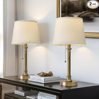 Oneach 19.5” Warm Gold Table Lamps Set of 2, Pull Chain Switch Bedside Table Lamps, Modern Nightstand Lamp with Linen Shade, Small Desk Lamp for Living Room, Bedroom, Home Office, Nursery