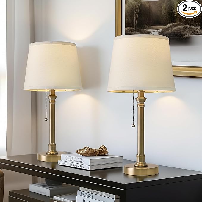 Oneach 19.5” Warm Gold Table Lamps Set of 2, Pull Chain Switch Bedside Table Lamps, Modern Nightstand Lamp with Linen Shade, Small Desk Lamp for Living Room, Bedroom, Home Office, Nursery