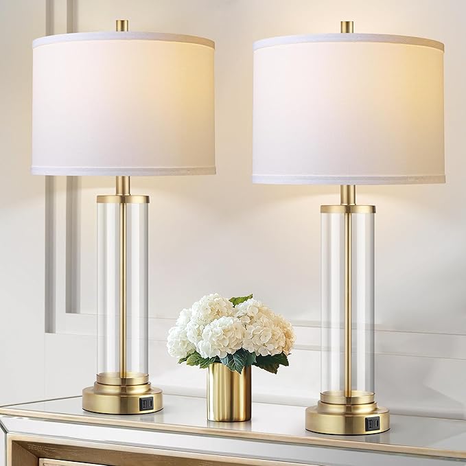 QiMH Lamps for Bedrooms Set of 2, Touch Control Table Lamps with USB A+C Ports, 3-Way Dimmable Bedside Lamp with Fabric Lampshade, Modern Nightstand Lamp for Living Room Bedroom (LED Bulbs Included)