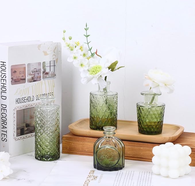 12 Pack Green Glass Bud Vase Set, Small Vintage Vases for Centerpieces, Decorative Flower Vases for Wedding Home Table Decor