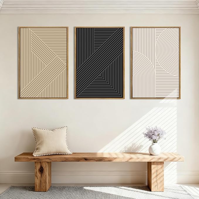 BINCUE Neutral Abstract Wall Art Mid Century Modern Wall Paintings Boho Artwork Geometric Wall Pictures Abstract Black Wall Decor Modern Neutral Art Prints for Living Room Bedroom Bathroom Office 16x24 Inch 3 Piece