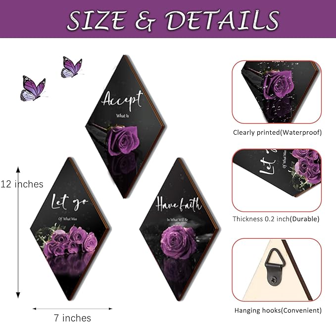 ZINYAZHE 3 Pcs Purple Wall Decor Inspirational Rose Bathroom Decor Wooden Purple Wall Art Office Wall Decor with Accept Let Go Have Faith Sign for Girl Women Living Room Bedroom(12 x 7 Inch)