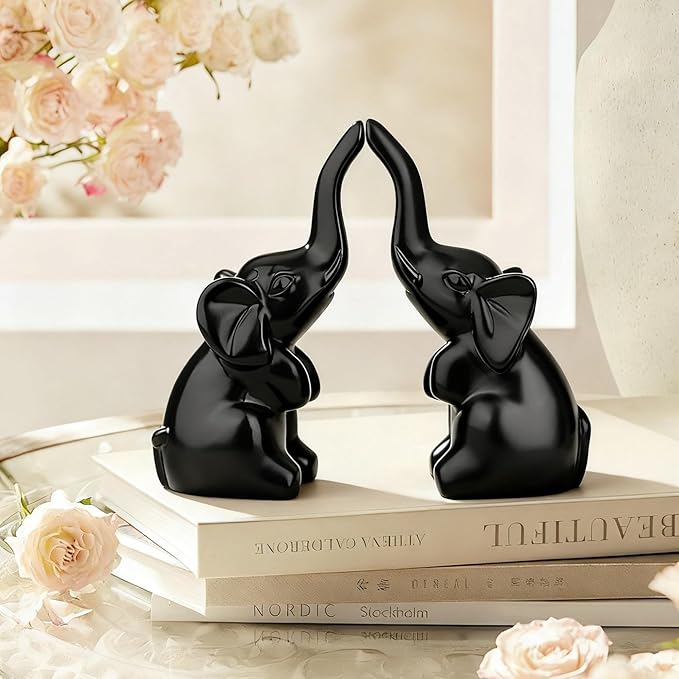 DUQGUHO Mini Black Elephant Gifts for Women, Modern Style Small Animal Statue, 2PCS Elephant Decor for Desk Shelves 3.5Inch