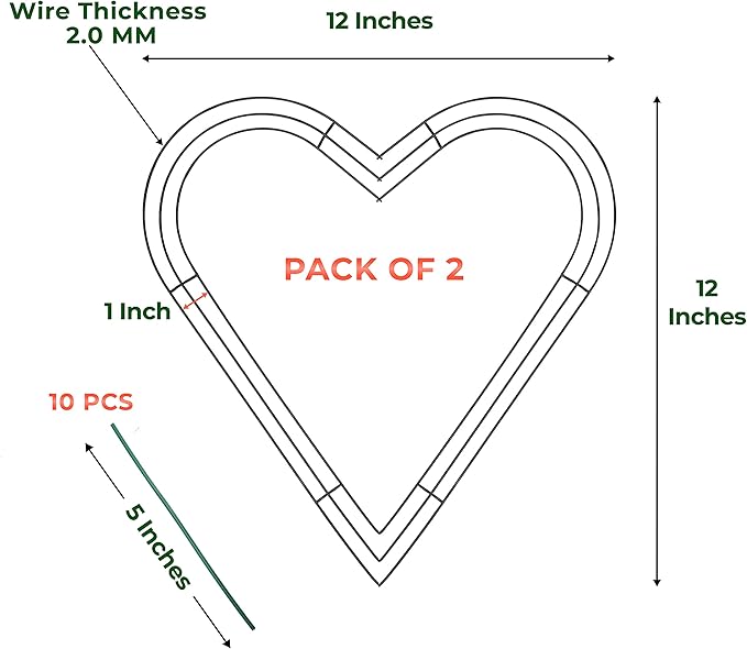 2-Pack 12 Inch Heart Shaped Wire Wreath Frame – Heart Metal Wreath Form with Ring Design, DIY Crafts, and Home Decor – Dark Green Wire Frame for Christmas Holiday & Weddings