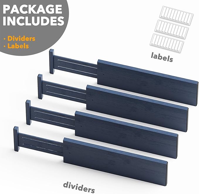 SpaceAid Bamboo 4 Pack Dresser Drawer Dividers, 4.65“ High Adjustable 17“-22” Drawer Organizers, Expandable Organization for Clothing, Clothes, Dressers, Navy Blue