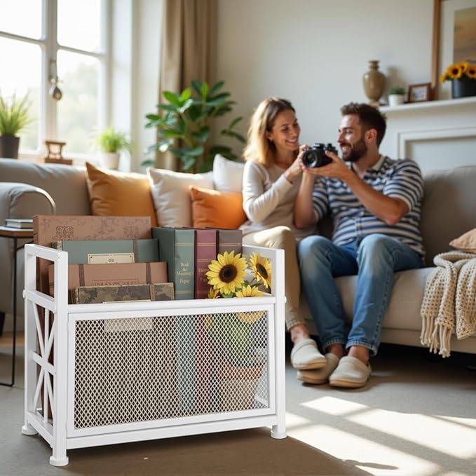 Magazine Rack & Holder – Multi-Purpose Storage Organizer for Magazines, Books, Newspapers, Mail, Tablets | Sturdy White Basket for Home, Office, Bathroom | Sleek Design & Easy Assembly