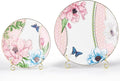 KAMMAK Ceramic Decorative Plate Set of 2, Porcelain Plates for Kitchen Dining Room Wine Cabinet Home Decor, Vintage Collector Plates with 2 Display Stand, Pink (8-inch + 10.5-inch)