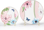 KAMMAK Ceramic Decorative Plate Set of 2, Porcelain Plates for Kitchen Dining Room Wine Cabinet Home Decor, Vintage Collector Plates with 2 Display Stand, Pink (8-inch + 10.5-inch)