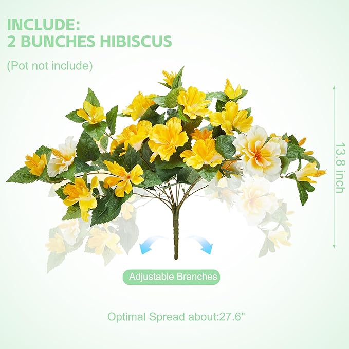 Artificial Flowers for Outdoors Indoors,2 Bunches Fake Hibiscus with Realistic UV Resistant Silk Flower Fabric Leaves,Faux Plants Outside for Home Patio Garden Yard Poch Decor(Yellow,White)