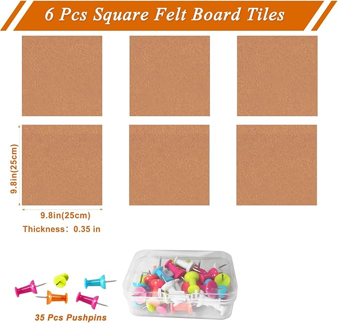 Square Felt Cork Bulletin Board Tiles, Self Adhesive DIY Felt Pin Board for Wall 30" x 20" with 35 Pushpins for Office School Home Wall Decor Stickers Memos Photos Display (Deep Camel)