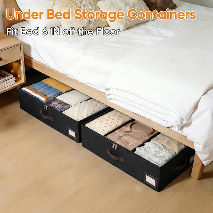 OIAHOMY 2 Pack Under Bed Storage, 6 Inch High Under Bed Storage Containers with Adjustable Dividers, Dual Zippers, &Clear Lid, 53L Under Bed Drawers For Clothes, Blankets, Clothing, & Shoes, Black
