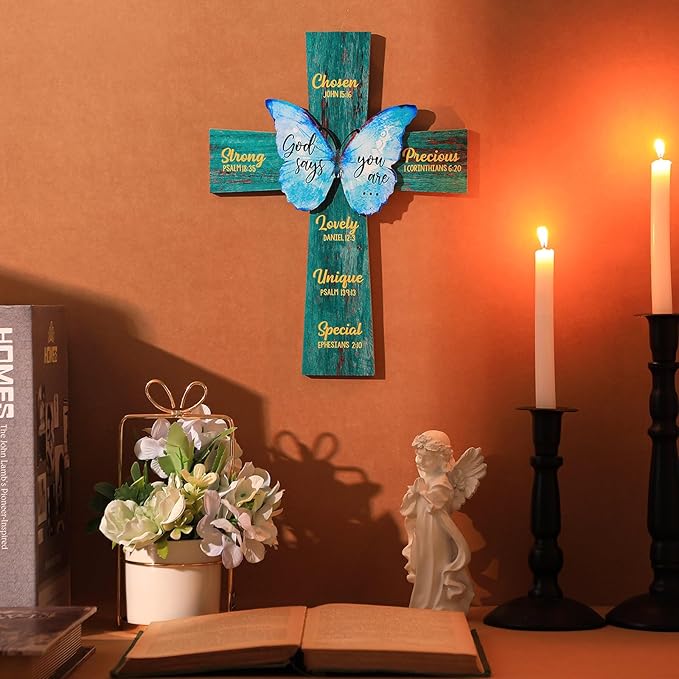 Panelee 11.81 Inch Christian Cross Wall Decor Wooden Cross Sign Inspirational Bible Verse Wood Wall Decor Scripture Hanging for Church Room Office Kitchen Gifts