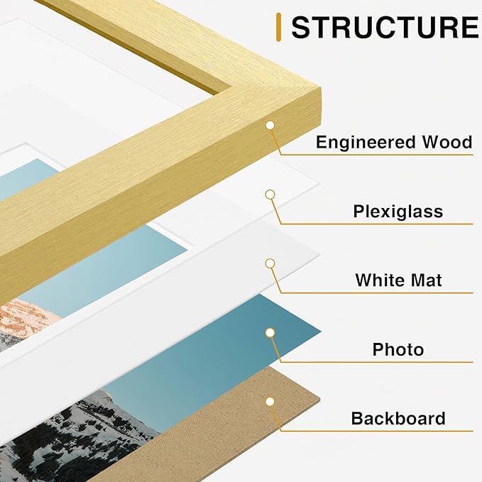 Vittanly Picture Frames Set of 10, Picture Frames Collage Wall Decor with Two 8x10, Four 5x7, and Four 4x6 Photo Frames, Gallery Wall Frame Set for Wall or Tabletop Display, Gold
