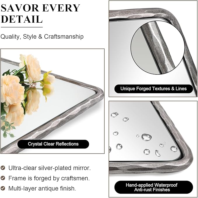 ANDY STAR Hand-Forged Silver Bathroom Mirrors for Wall, 30x40 Inch Vintage Solid Steel Metal Frame Bathroom Vanity Mirror, Antique Rounded Rectangle Wall Mirror, Hangs Horizontally or Vertically