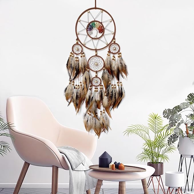 Brown Large Dream Catcher Wall Decor Crystal Tree of Life Dream Catchers Handmade Feather Dreamcatcher Wall Hanging Ornament for Bedroom Living Room Home Decor