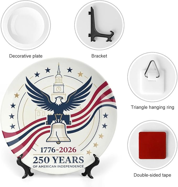 250th Anniversary Decorative Plates 8 Inch Patriotic Decorations Eagle Liberty Bell Commemorative Plates with Stand Memorial Day 4th of July Veterans Day Home & Office
