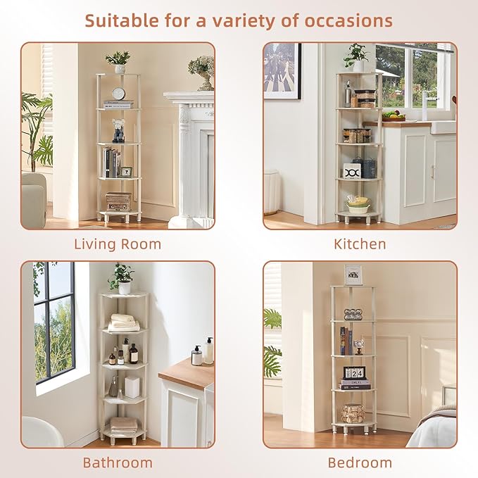 YUFAM 5-Tier Corner Shelf with Sturdy 5-Leg Base, Wooden Corner Bookshelf for Small Spaces, Corner Standing Shelf for Living Room, Bedroom, Office, Grey White