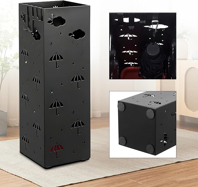 PrecisionAuto Versatile Metal Umbrella Stand for Entryway – Multi-Purpose Storage Rack – Cold-Rolled Steel, Removable Drip Tray & 4 Hooks – Stores Canes, Walking Sticks, Baseball Bats