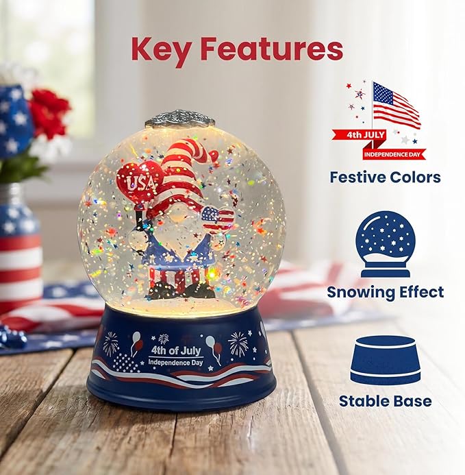 Patriotic 4th of July Gnome Snow Globe Lantern with Music - Light Up Water Globe with Swirling Glitter, USB or Battery Operated,Lighted Independence Day Decor Indoor, Patriotic Decor Gift (Gnome)
