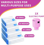 Vacuum Storage Bags with Electric Pump, 12 Pack (3 Jumbo, 3 Large, 3 Medium, 3 Small) Vacuum Seal Bags for Clothes, Bedding, Mattress, Blankets, Travel