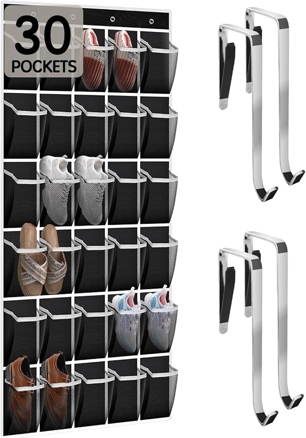 Over the Door Shoe Organizer with 30 Breathable Mesh Pockets - Large Capacity Closet Storage for Men & Women, Hanging Shoe Rack Organizer (Black, 30-Pocket)
