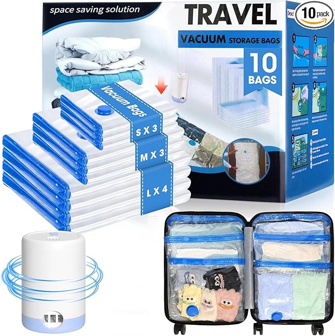 10 Pack Travel Vacuum Storage Bags with Cordless Electric Pump, Combo Rechargeable Space Saver Vacuum Seal Bags for Clothing Travel Vaccine Sealed Storage Bag for Comforters Blankets Clothes